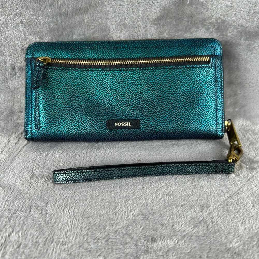 Fossil Logan Zip Clutch Iridescent Teal Blue Metallic RFID Wallet SL7842873